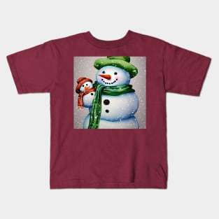 Cute Snowman holding a Baby Snowman under the Snow Kids T-Shirt